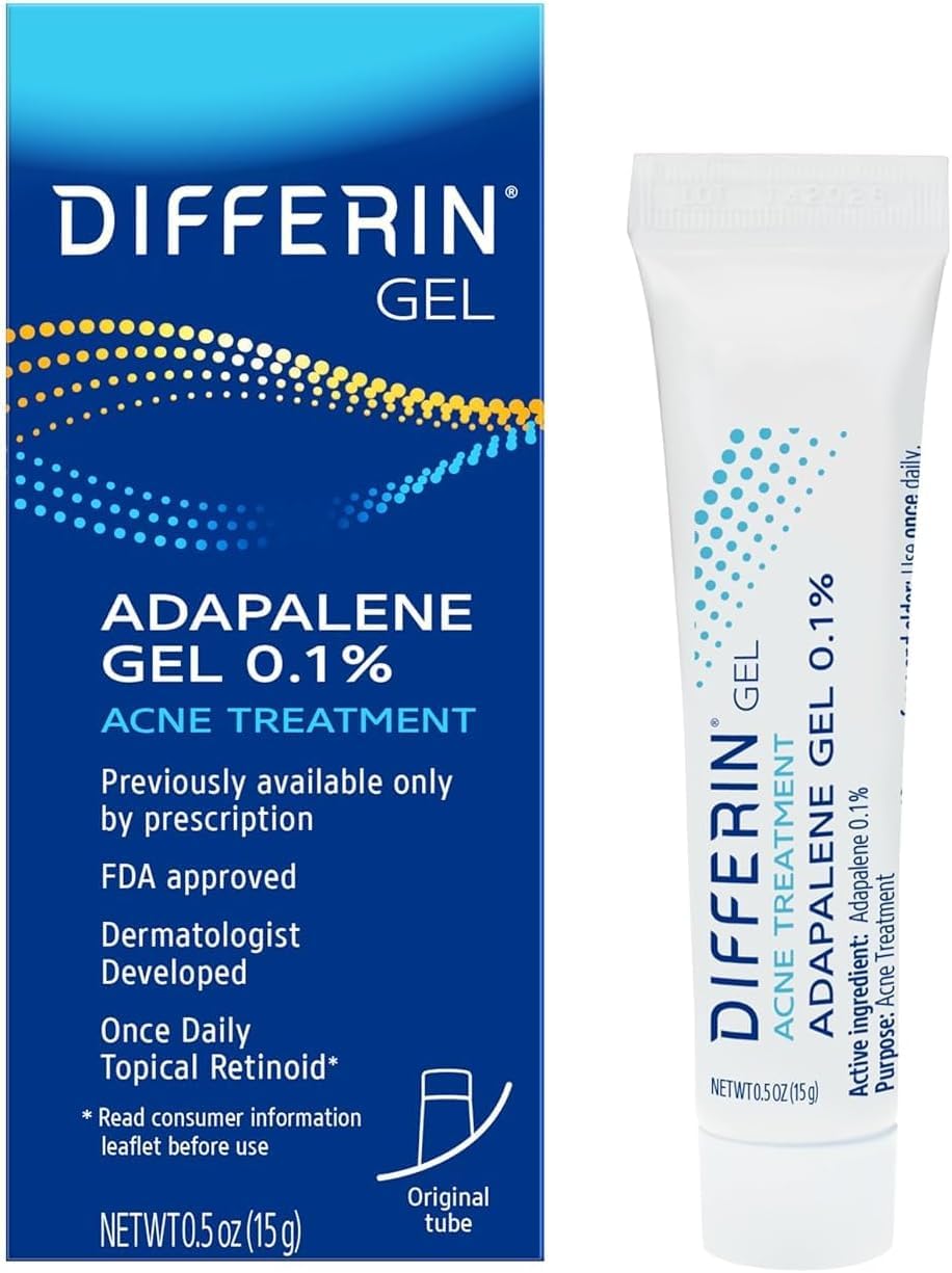 Differin Acne Treatment Gel, 30 Day Supply, Retinoid Treatment for Face with 0.1% Adapalene, Gentle Skin Care for Acne Prone Sensitive Skin, 15g Tube (Packaging May Vary) | 30-Day Supply, OTC Retinoid, Clears Acne & Prevents Breakouts, Gentle For Sensitiv