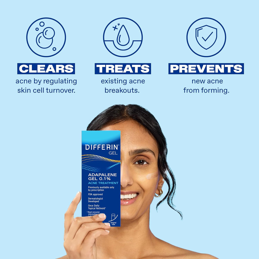 Differin Acne Treatment Gel, 30 Day Supply, Retinoid Treatment for Face with 0.1% Adapalene, Gentle Skin Care for Acne Prone Sensitive Skin, 15g Tube (Packaging May Vary) | 30-Day Supply, OTC Retinoid, Clears Acne & Prevents Breakouts, Gentle For Sensitiv