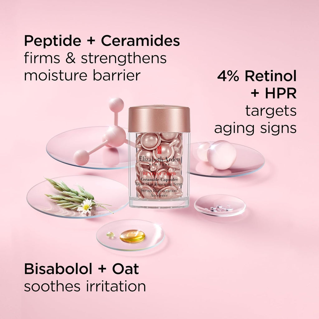 Elizabeth Arden Retinol + HPR Ceramide Rapid Skin Renewing Anti-Aging Face Serum Capsules, Fine Lines & Wrinkles Treatment with Peptides, Vitamin E, & Niacinamide