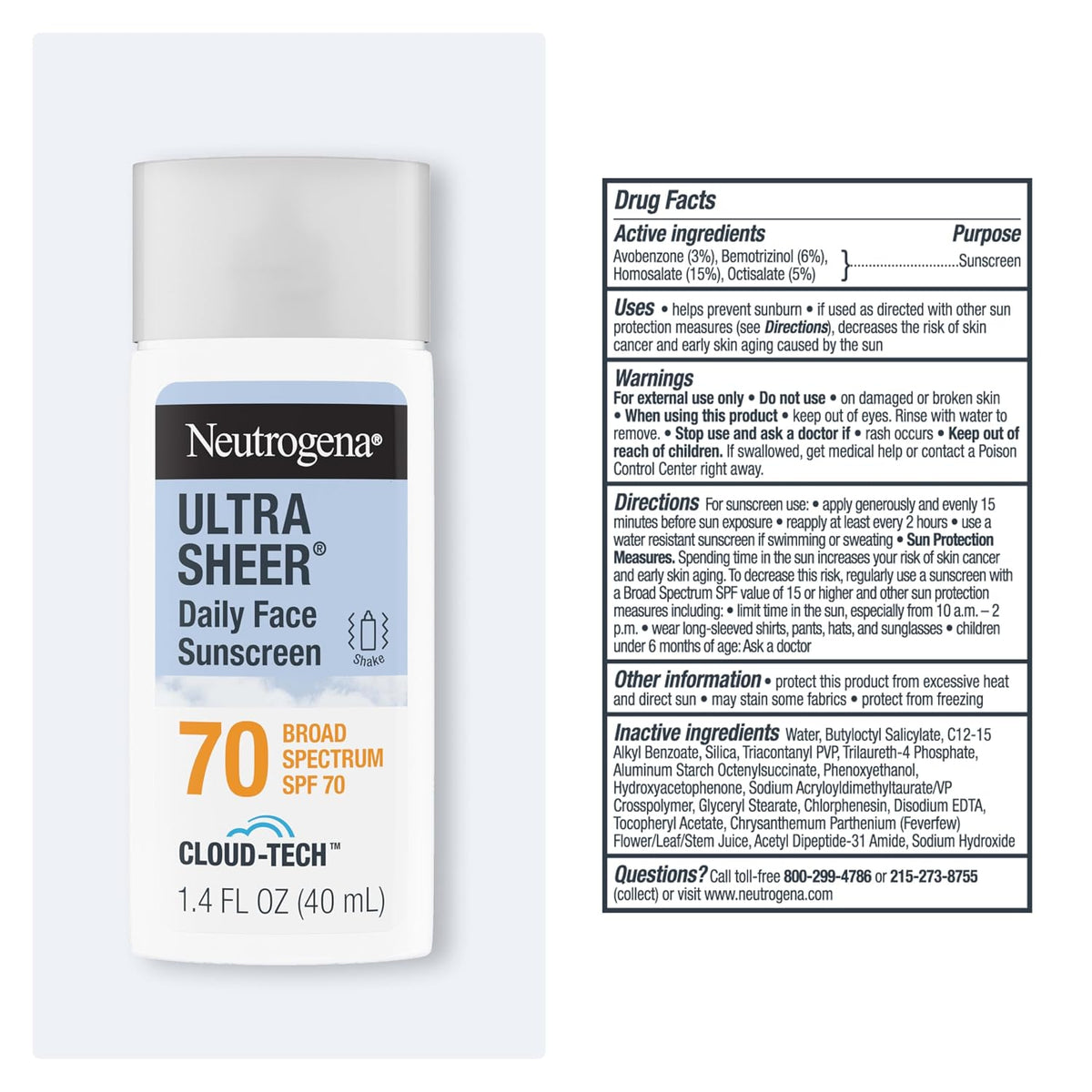 Neutrogena Ultra Sheer Daily Face Sunscreen SPF 70 with BEMT, 1.4 Fl. Oz